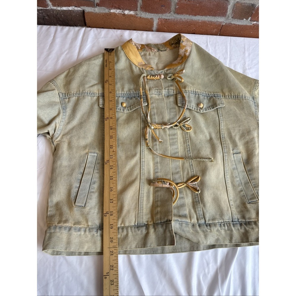Denim Jacket With Floral Embellished Collar And Button Detail Women's Size M - Picture 10 of 12